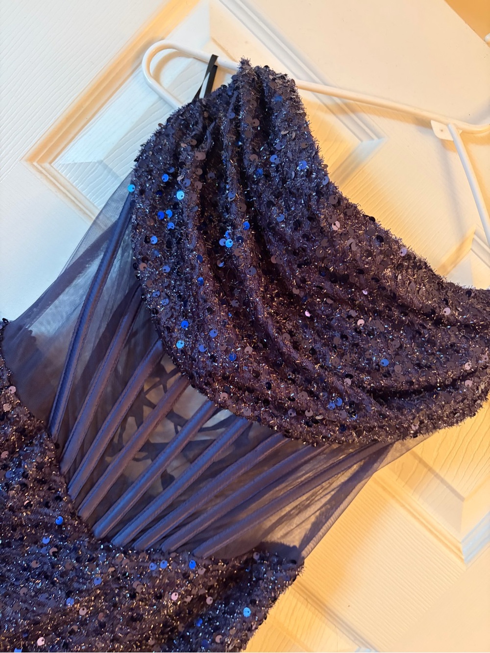Navy Sequin Strapless Evening Gown